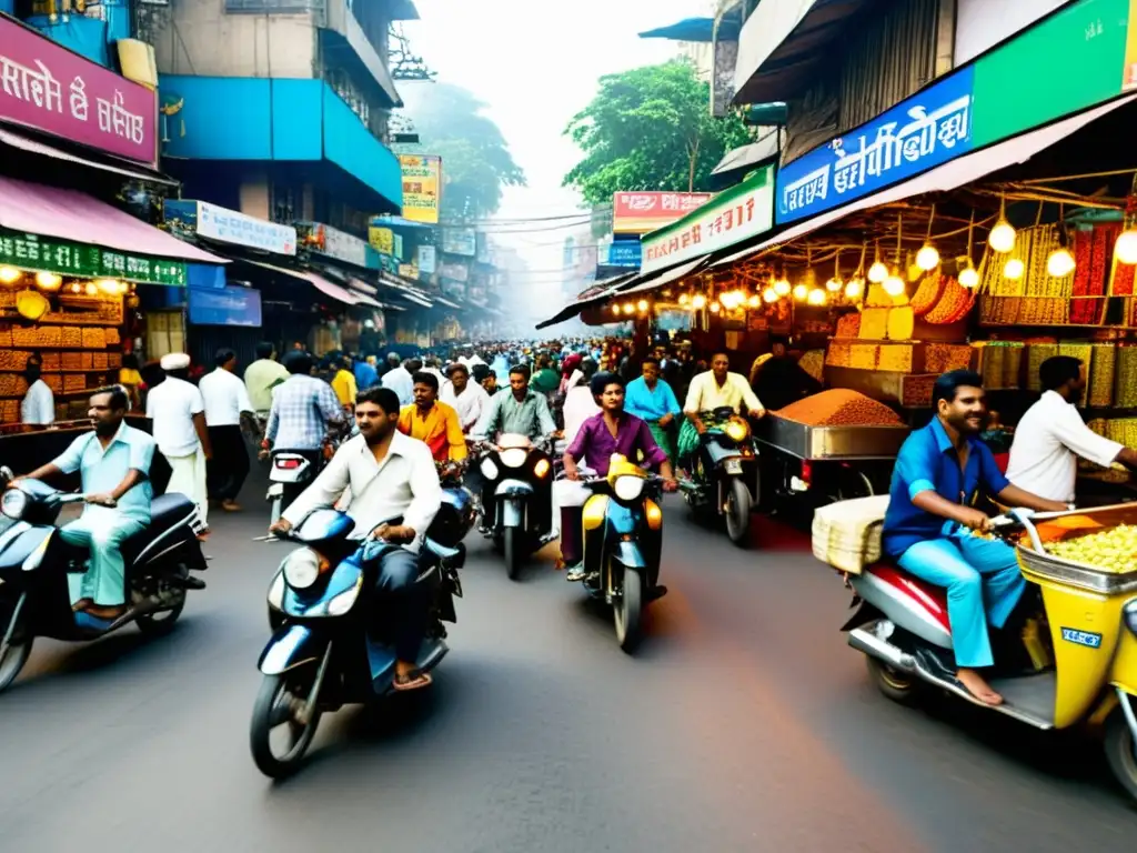 Una bulliciosa calle de Mumbai, India, rebosante de colores y texturas