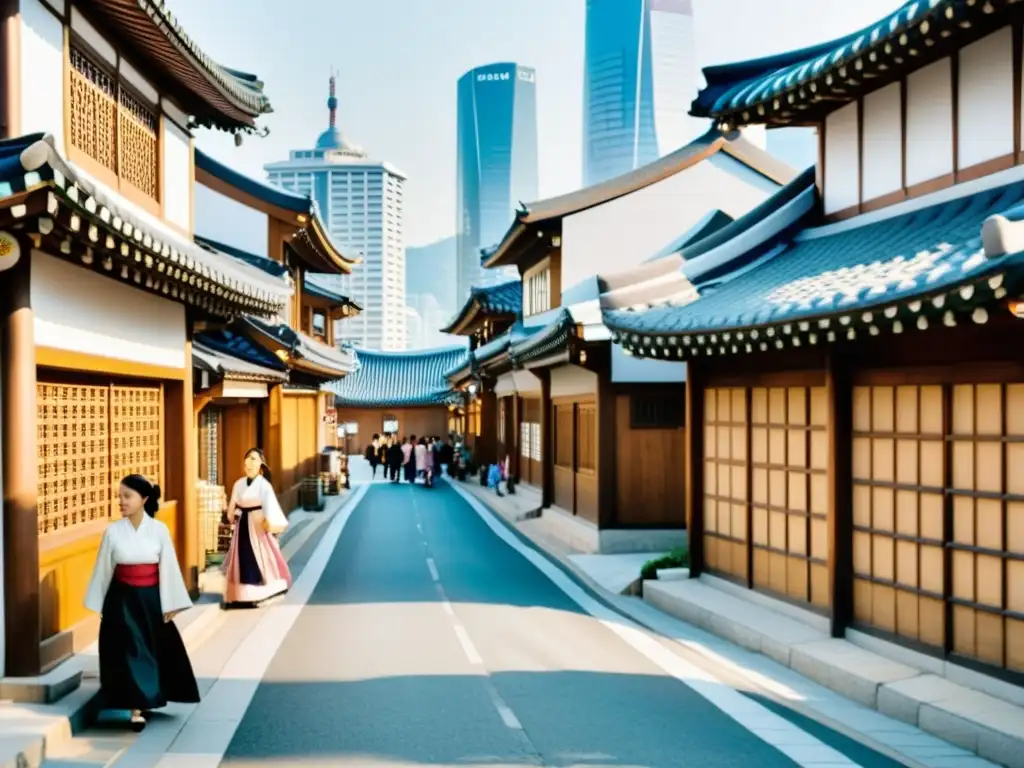 Una bulliciosa calle en Seúl, Corea del Sur, con casas tradicionales hanok a un lado y modernos rascacielos al fondo