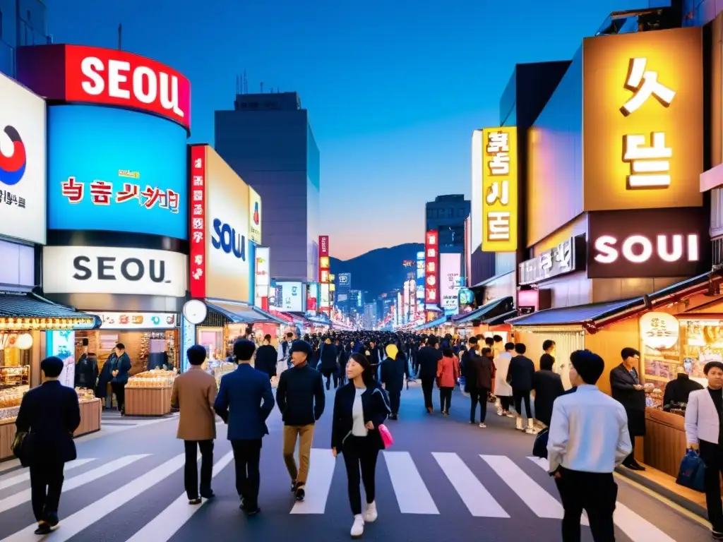 Una bulliciosa calle de Seúl, Corea del Sur, con letreros de neón iluminando el cielo nocturno