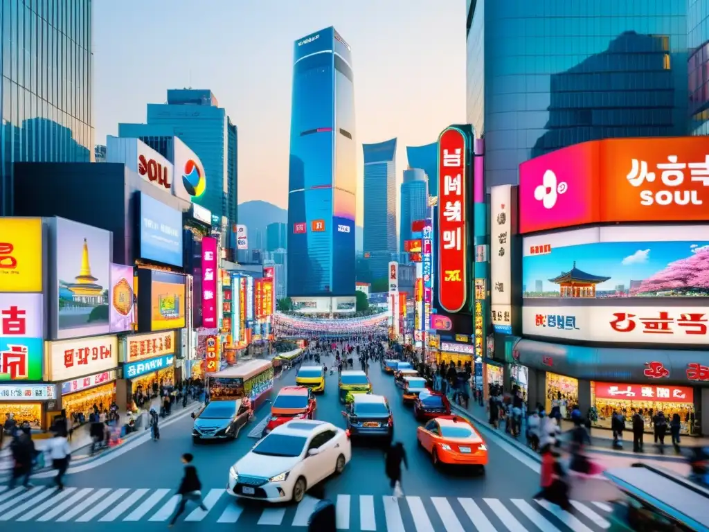 Una bulliciosa calle de Seúl, Corea del Sur, con letreros de neón, multitudes y una mezcla de arquitectura tradicional y moderna