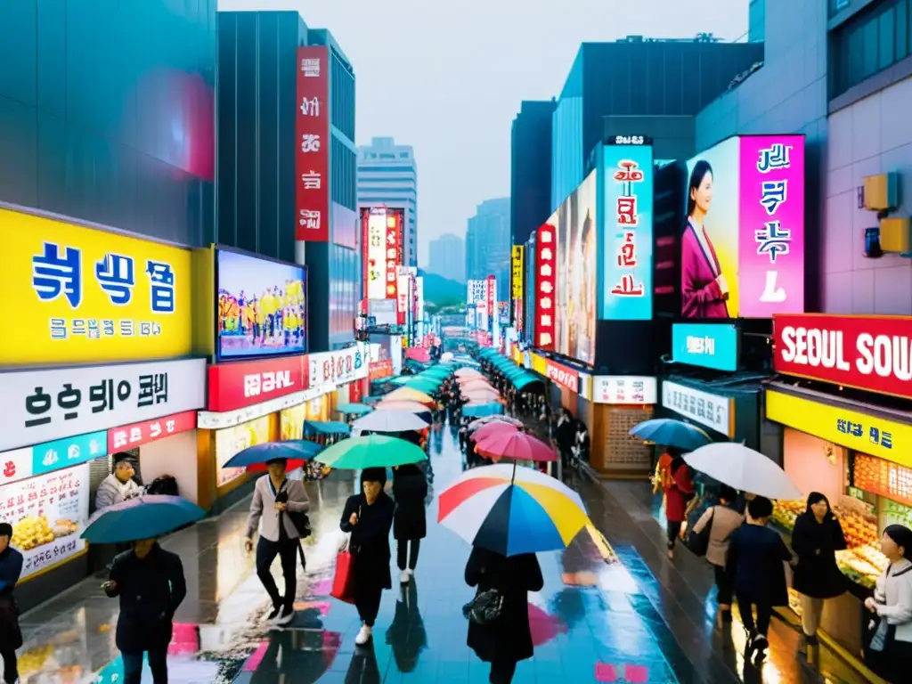 Una bulliciosa calle en Seúl, Corea del Sur, con letreros de neón y coloridos carteles de películas