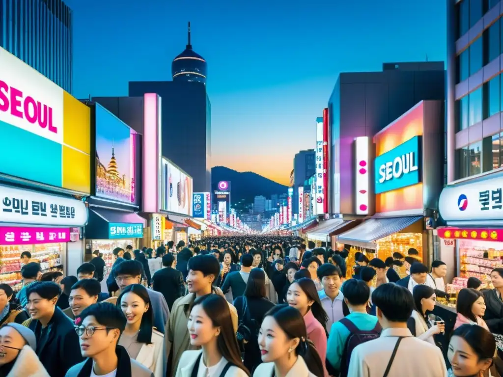 Una bulliciosa calle de Seúl, Corea del Sur, llena de tiendas de KBeauty y letreros de neón