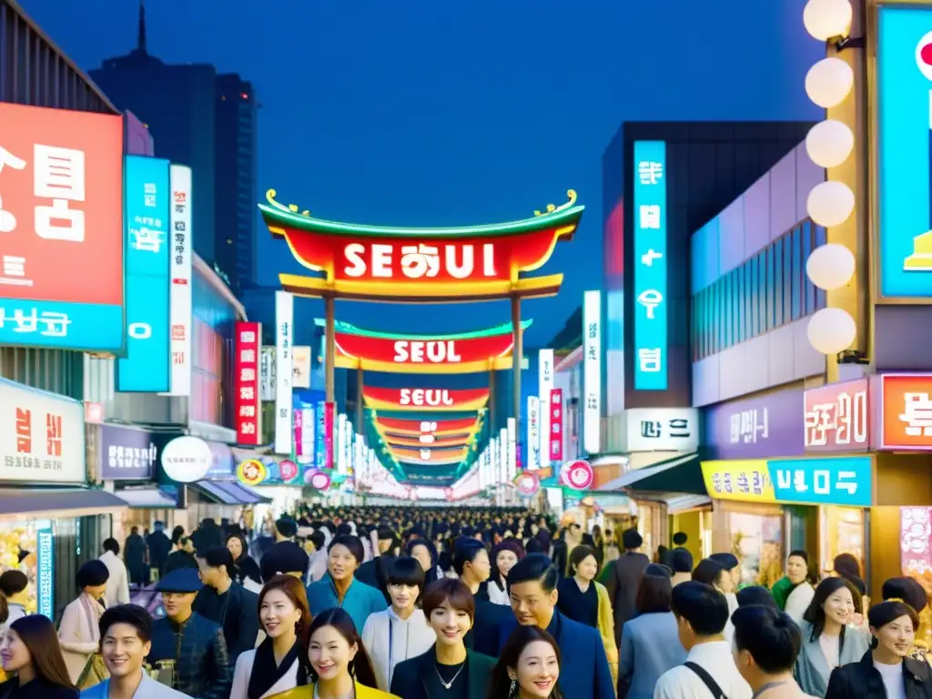 Una bulliciosa calle en Seúl, Corea del Sur, llena de peatones y coloridos letreros de neón que anuncian populares series y estrellas de Kpop