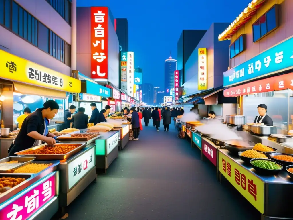Vida nocturna en Seúl: luces, gente y sabores de Corea del Sur Una bulliciosa calle de Seúl, Corea del Sur, llena de gente y coloridos letreros, con arquitectura tradicional