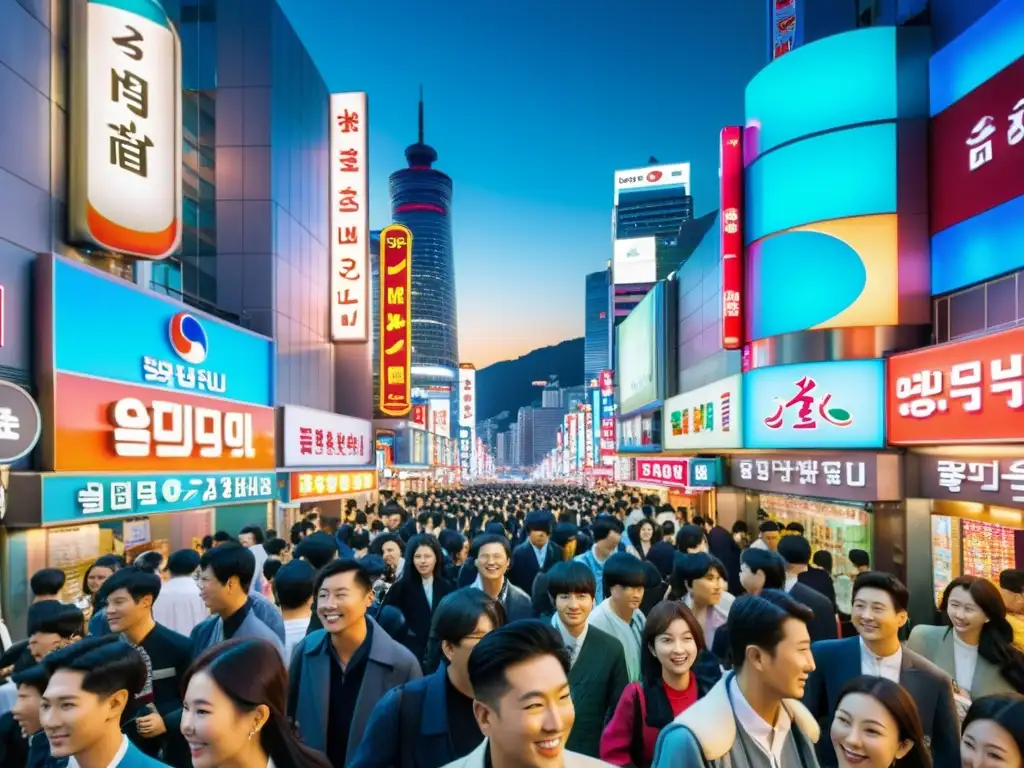 Una bulliciosa calle en Seúl, Corea del Sur, llena de letreros de neón y gente