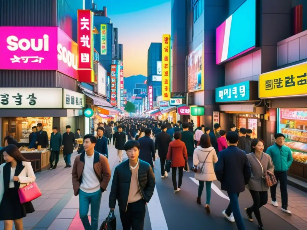 Una bulliciosa calle de Seúl, Corea del Sur, llena de letreros de neón coloridos, cafeterías repletas y personas en sus rutinas diarias