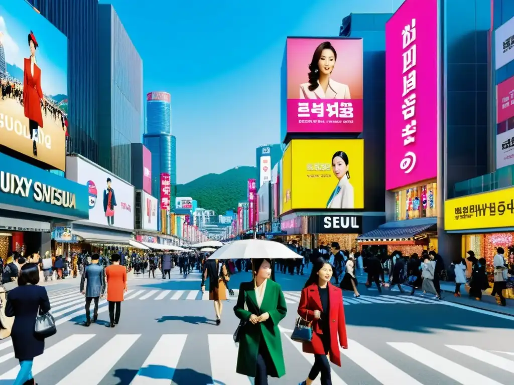 Una bulliciosa calle de Seúl, Corea del Sur, llena de peatones con estilo, tiendas de moda de lujo, carteles y letreros de neón