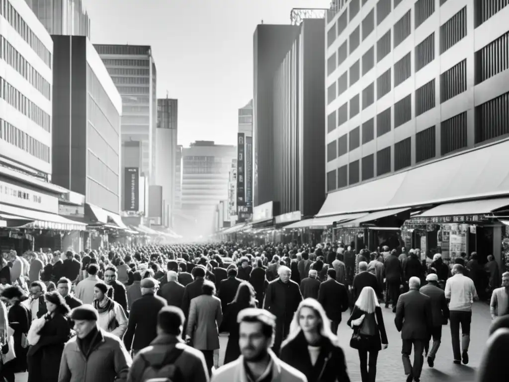 Vida urbana en blanco y negro: energía y movimiento en la calle Una bulliciosa calle urbana en blanco y negro, llena de gente y altos edificios