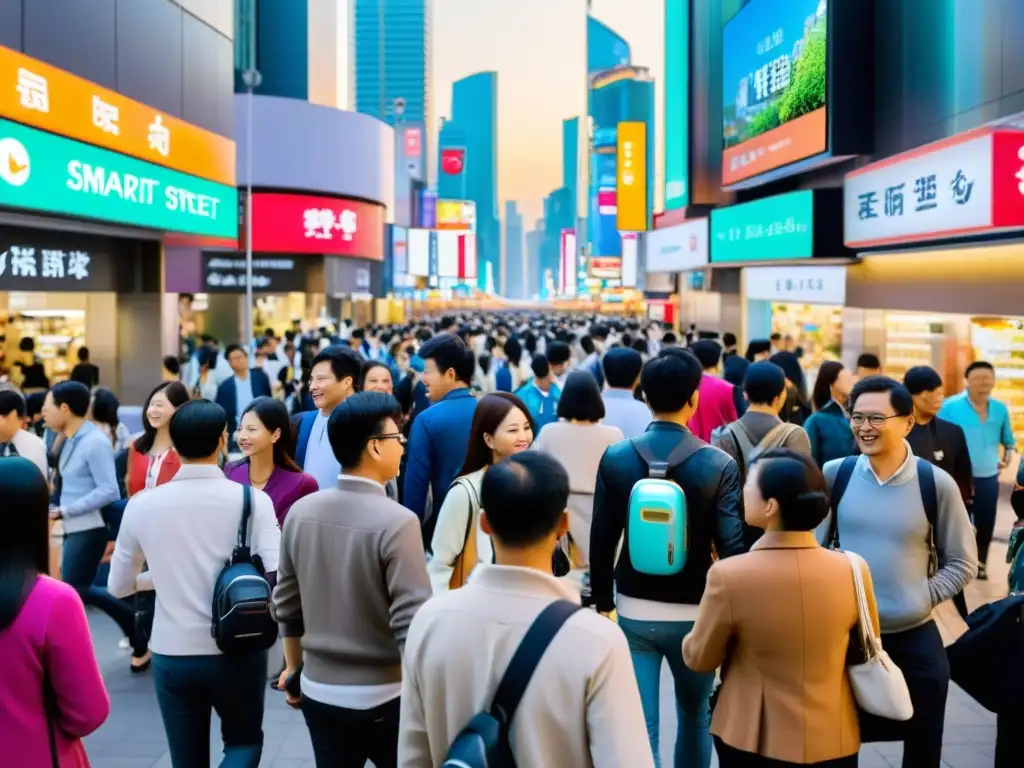 Una bulliciosa calle urbana en Asia, donde la gente usa relojes con pagos contactless