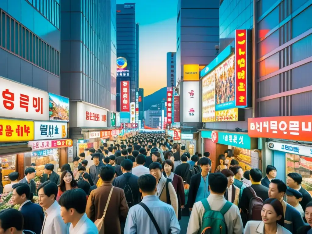 Una bulliciosa calle urbana en Seúl, Corea del Sur, capturando la crítica social en 'La vegetariana' de Han Kang