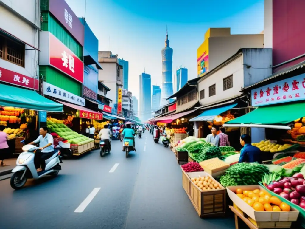 Una bulliciosa calle en una vibrante ciudad asiática, reflejando la diversidad de la clase media en ciudades asiáticas