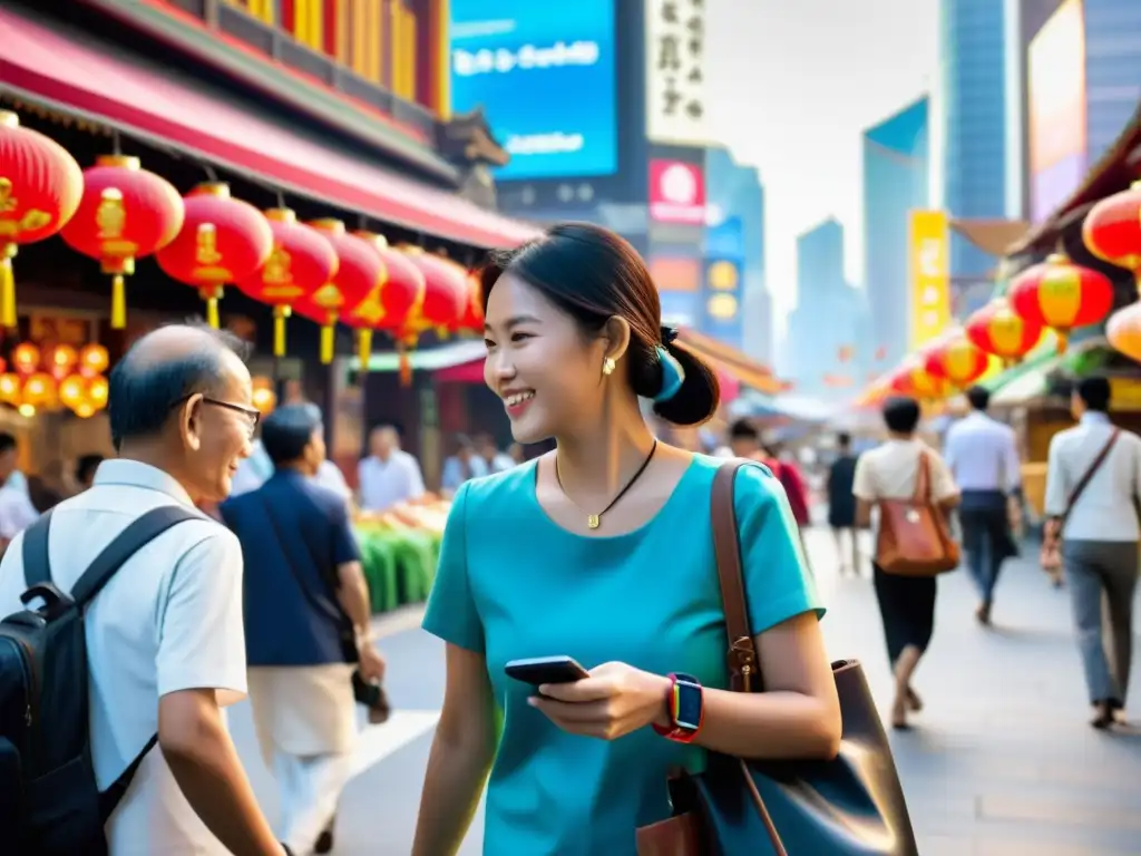 En una bulliciosa calle de una vibrante ciudad asiática, se ven personas usando relojes con pagos contactless