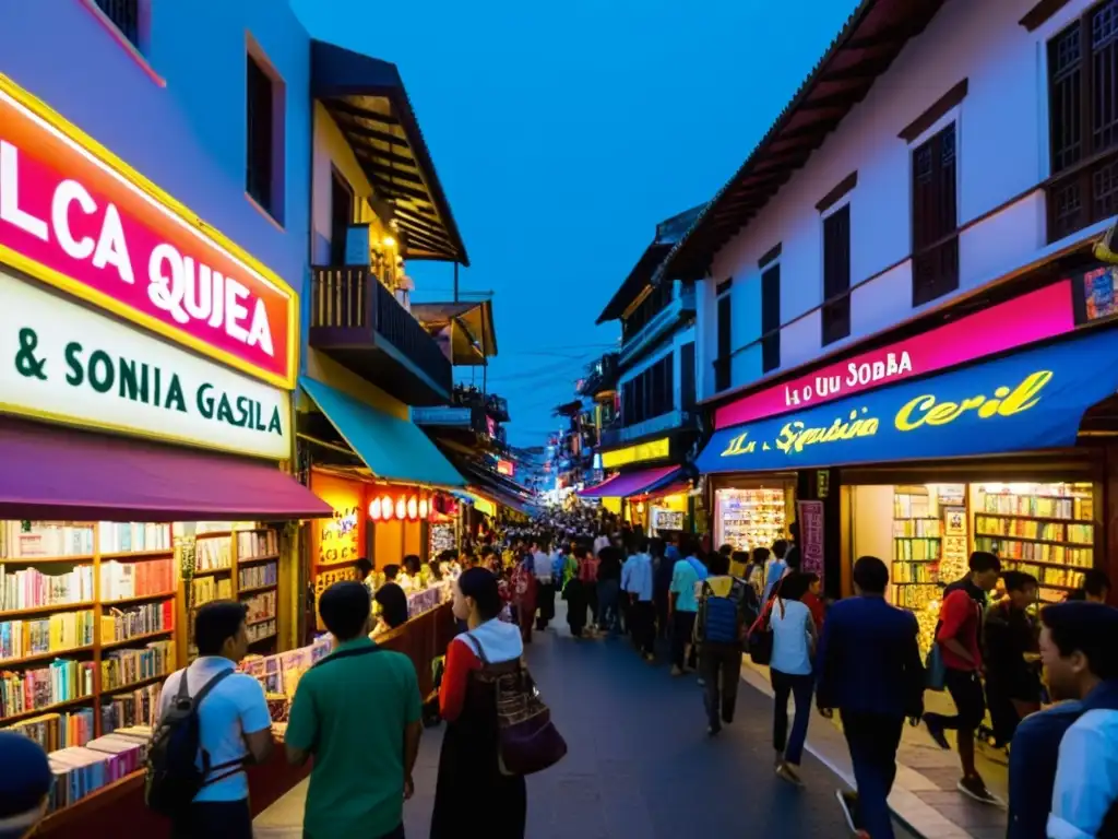 Una bulliciosa calle de una vibrante ciudad asiática con letreros de neón iluminando las tiendas