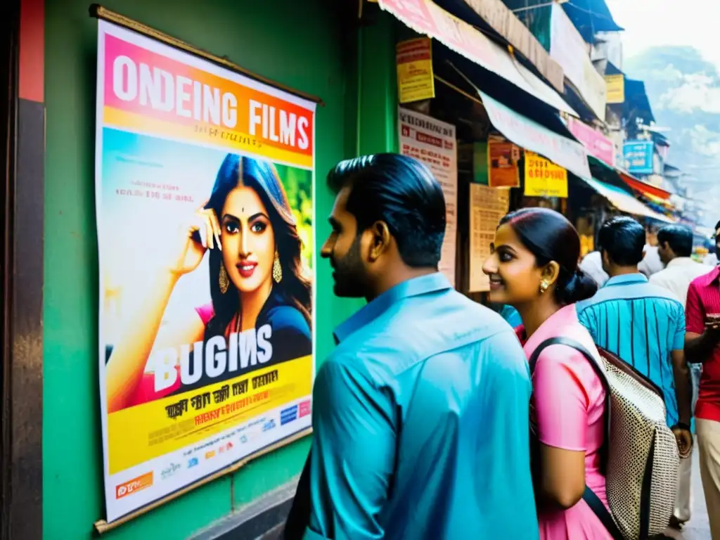 La bulliciosa calle de Mumbai muestra la vibrante energía de la ciudad, con cineastas y carteles de cortometrajes