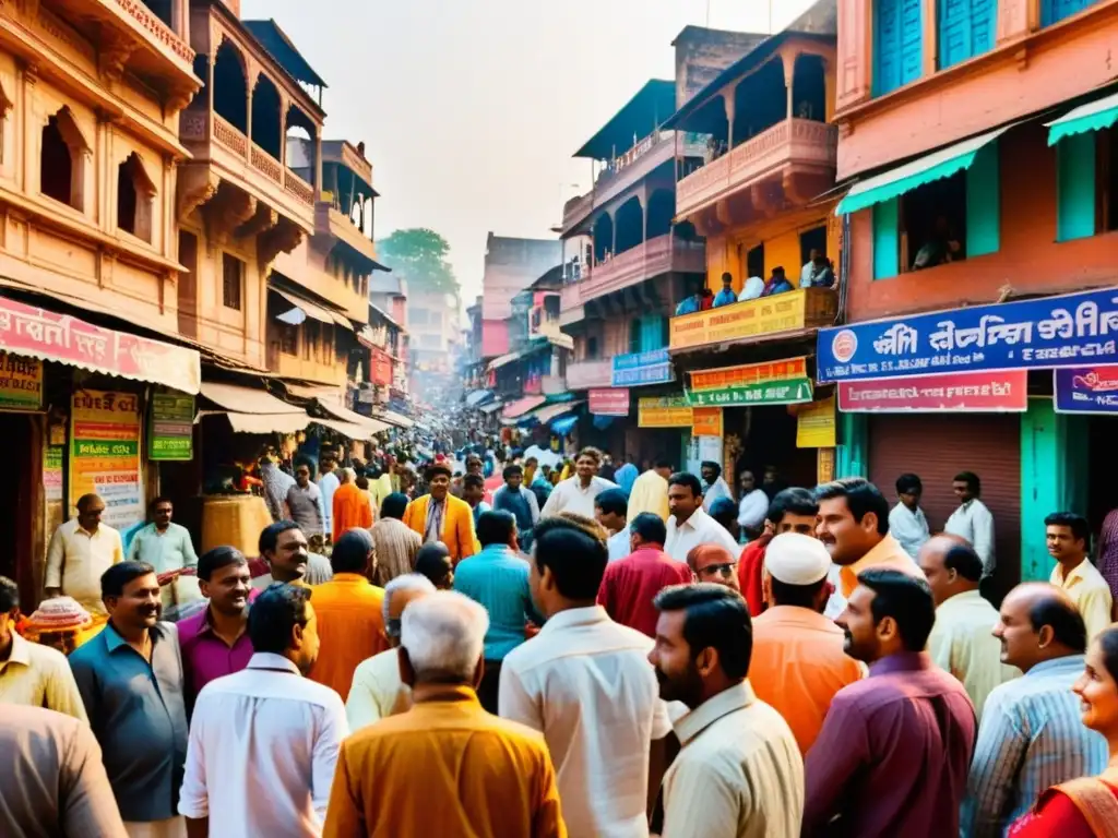 Una bulliciosa calle de Varanasi, India, muestra la vida cotidiana y la reencarnación en Budismo y Hinduismo