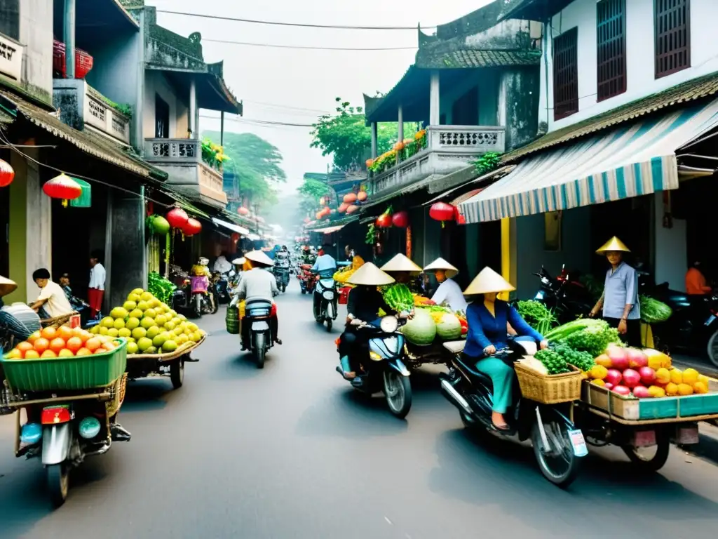 Una bulliciosa calle vietnamita con vendedores ambulantes y tráfico, reflejando la atmósfera vibrante de 'El simpatizante'