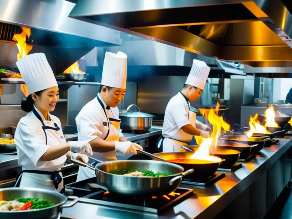 Una bulliciosa cocina gourmet asiática llena de chefs expertos trabajando sobre fuego abierto y woks siseantes con ingredientes coloridos