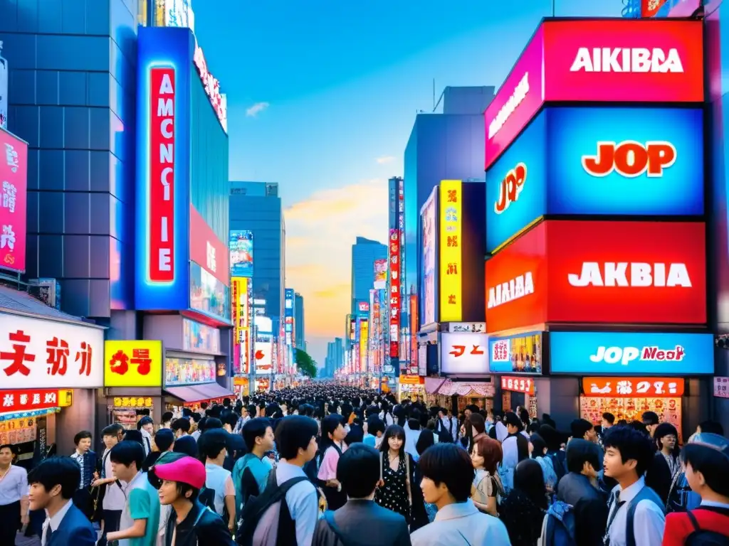 Explora la bulliciosa cultura pop japonesa en Tokio, con sus vibrantes letreros de neón y multitudes animadas