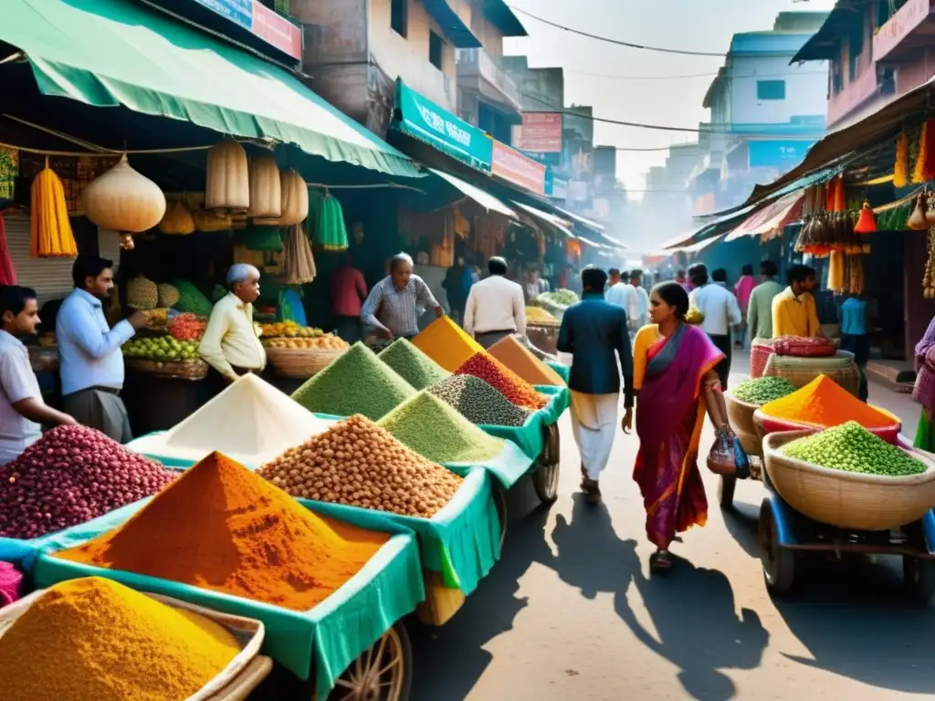 Una bulliciosa escena de un mercado callejero indio, con colores vibrantes y detalles culturales