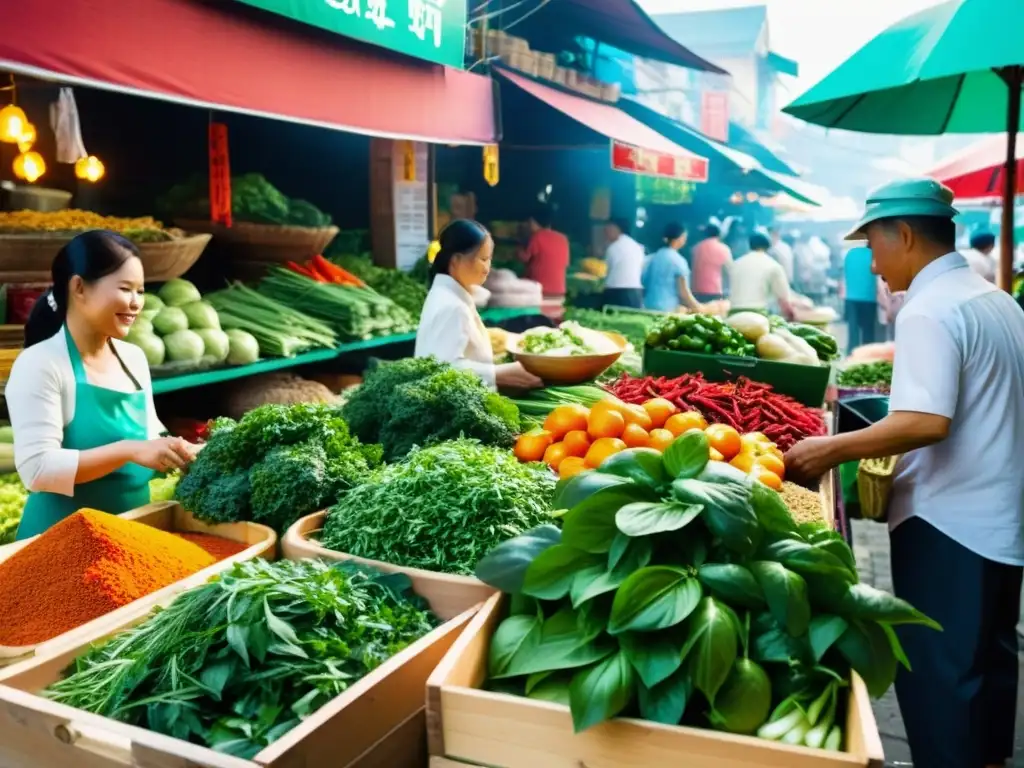 Una bulliciosa escena de un mercado callejero vietnamita, con puestos de hierbas frescas, especias y productos coloridos