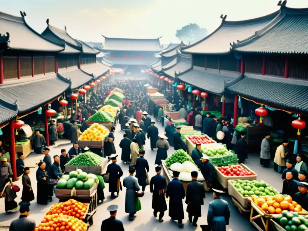 Una bulliciosa escena de un mercado en China durante la Rebelión Taiping, mostrando la vida cotidiana en medio del impacto en China Qing