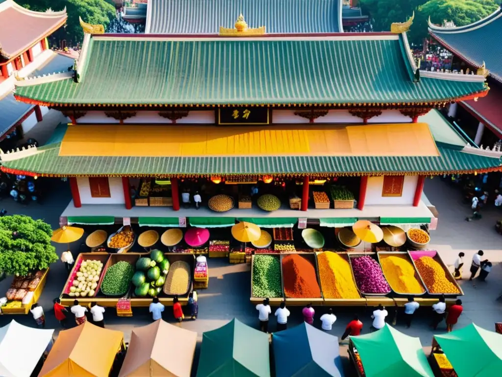 Una bulliciosa feria de alimentos en un templo asiático, llena de colores, aromas y sabores en la intersección de la gastronomía y la espiritualidad