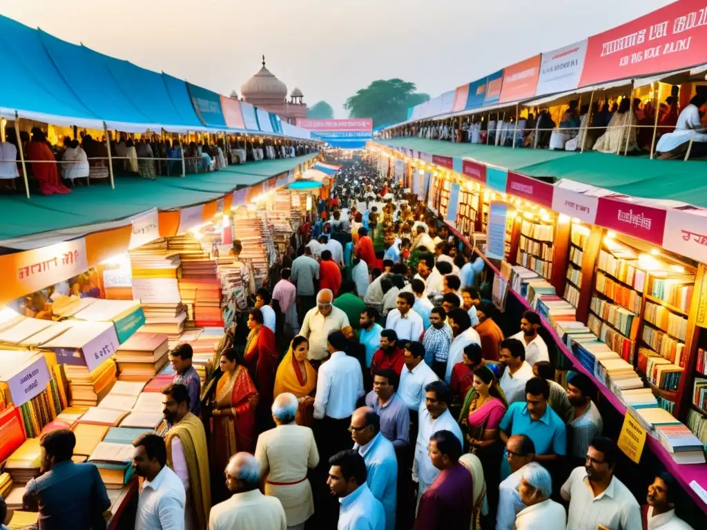 Una bulliciosa feria del libro en India, con colores vibrantes y una mezcla de medios modernos y tradicionales