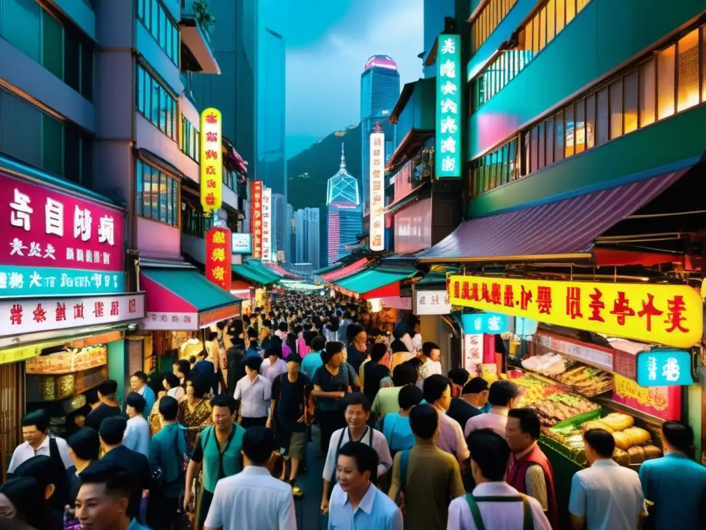 Renacer del dragón Hong Kong: Calle bulliciosa con neones y multitudes, energía vibrante y modernidad, con toques de herencia cultural