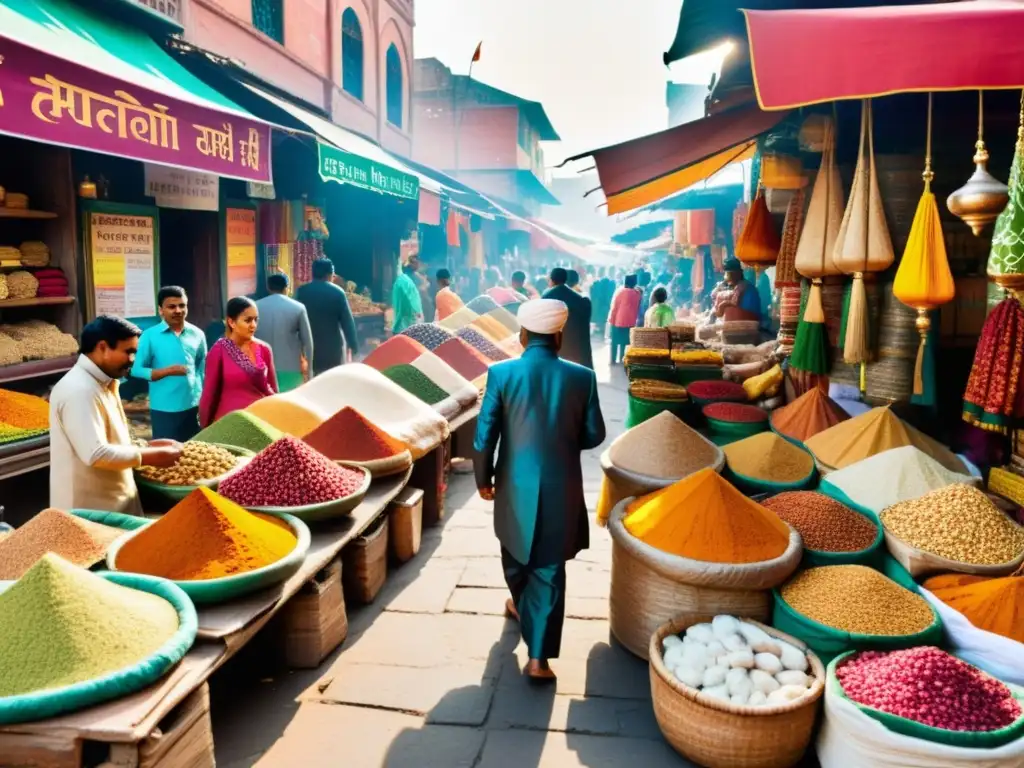 Una bulliciosa plaza india llena de textiles coloridos, especias y mercancías, capturando la esencia cultural del país