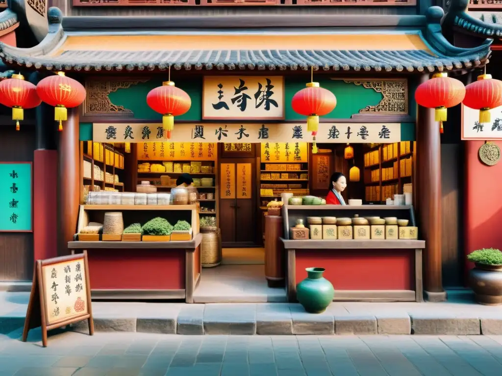 Una bulliciosa tienda de medicina china tradicional en la era de la Dinastía Tang, llena de actividad y colorido