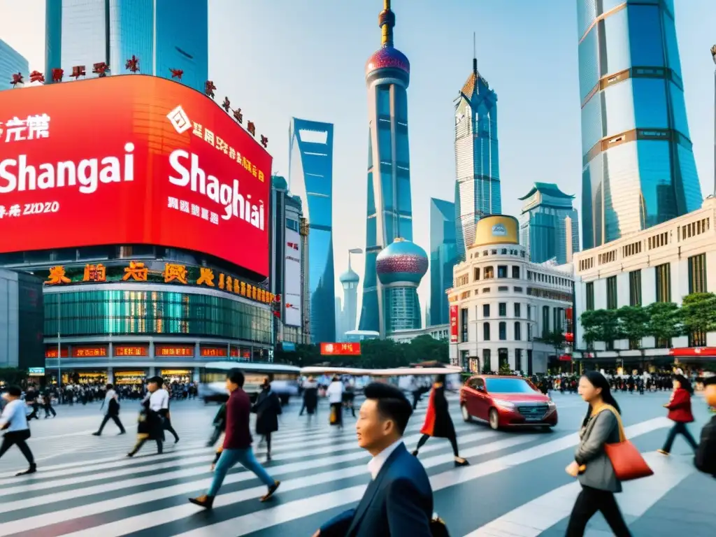 Intersección bulliciosa en Shanghai, fusionando lo tradicional con lo moderno, reflejando el futuro de la cultura financiera asiática