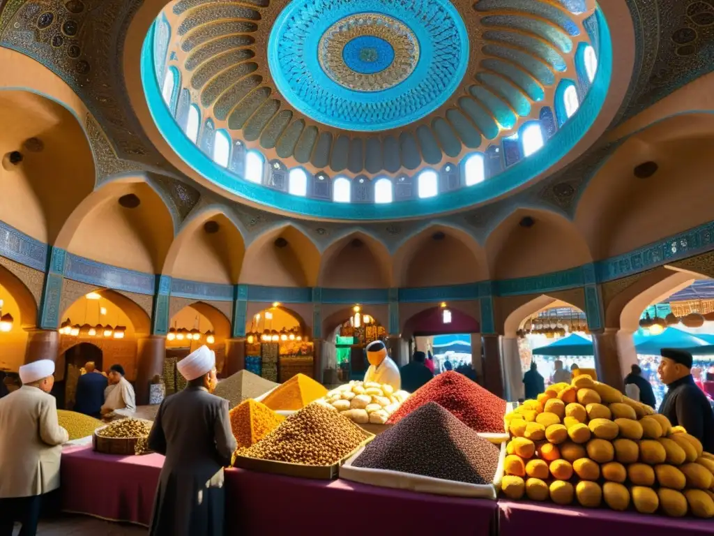 Un bullicioso bazar de Uzbekistán con exóticos sabores Ruta de la Seda: especias, frutas secas y nueces en un ambiente vibrante y colorido