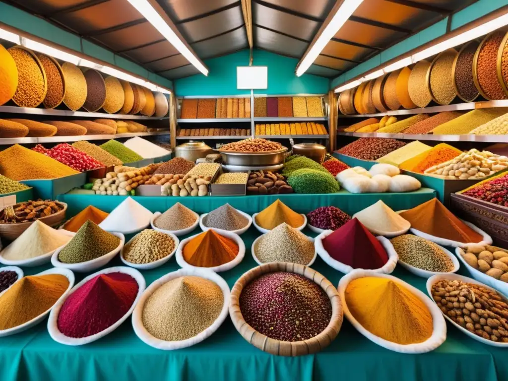 Un bullicioso bazar turcomano con exóticos sabores de la Ruta de la Seda, inmerso en colores y aromas vibrantes