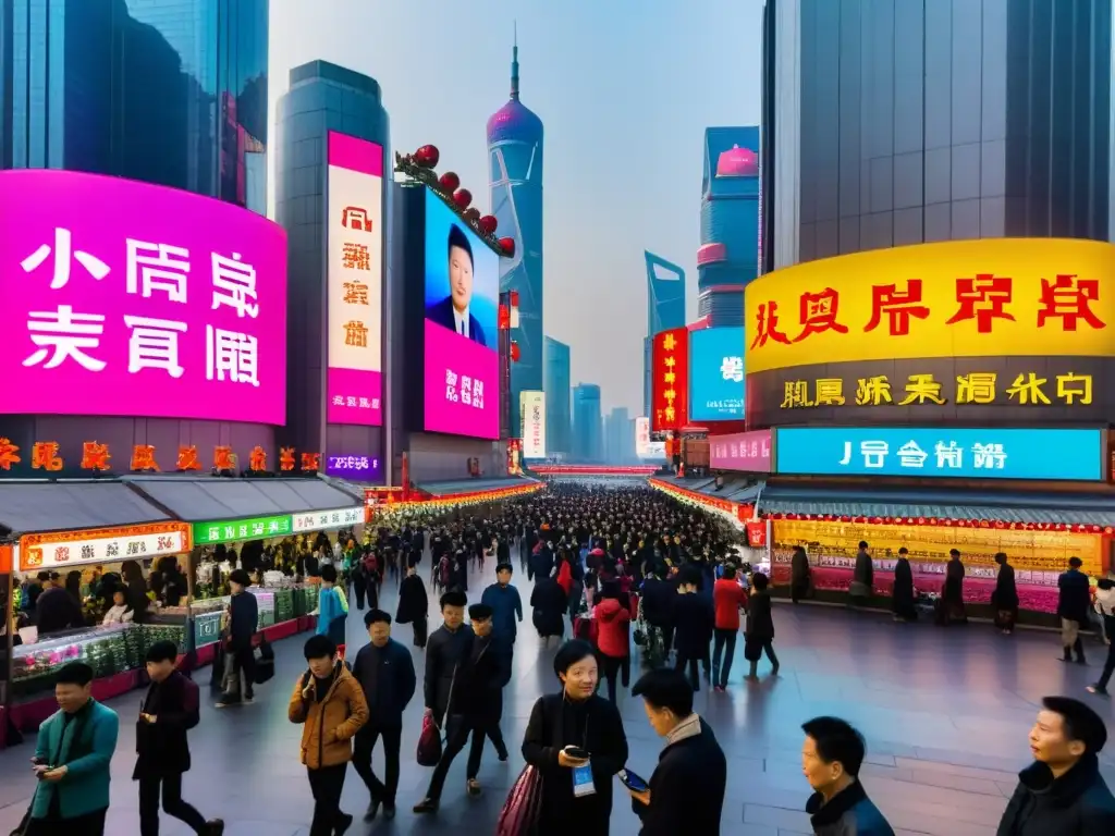 Vida tecnológica en la bulliciosa calle china Un bullicioso callejón de una ciudad china, con personas usando smartphones en un ambiente futurista y vibrante