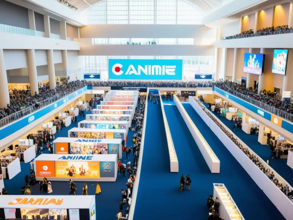 Un bullicioso centro de convenciones lleno de fans de anime, cosplayers y paneles sobre plataformas digitales streaming anime