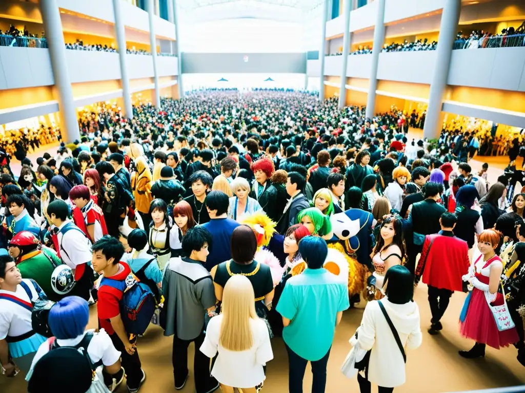 Un bullicioso centro de convenciones repleto de fanáticos adultos de anime, con elaborados trajes cosplay de personajes de series populares