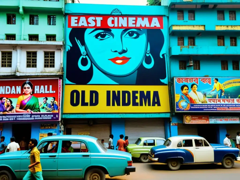 Un bullicioso cine de Calcuta, India, con afiches vibrantes de películas adornando las paredes, capturando la esencia del cine regional indio diverso