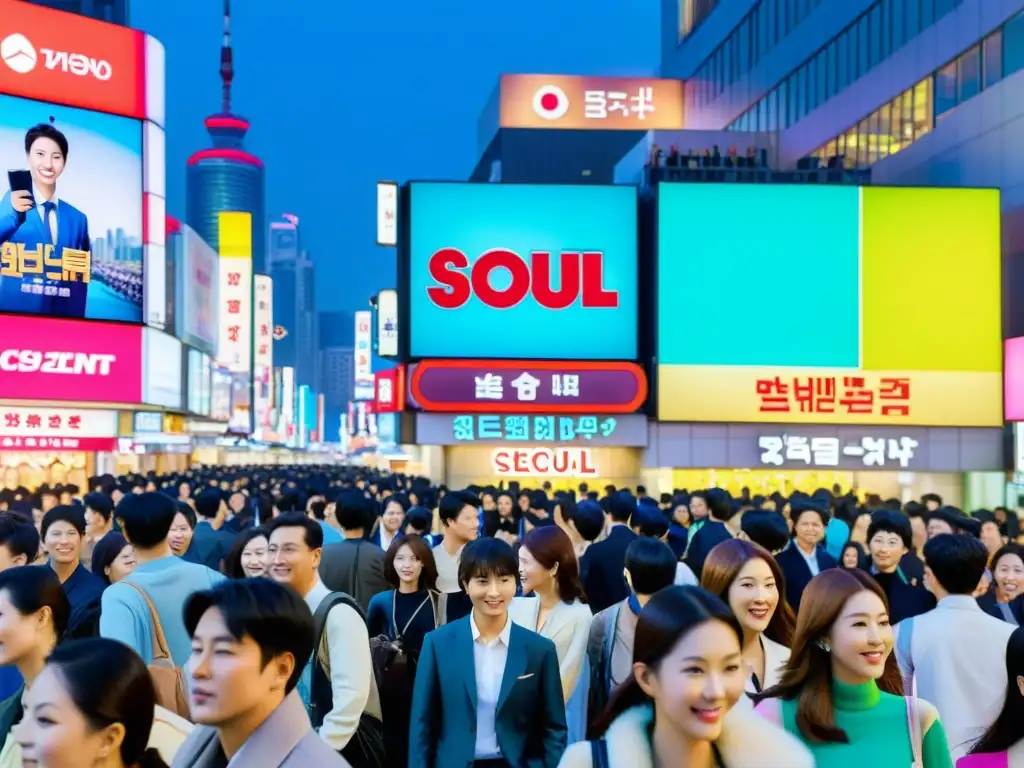 Un bullicioso y colorido mercado callejero en Seúl, Corea del Sur, con vistosos letreros promocionando series asiáticas