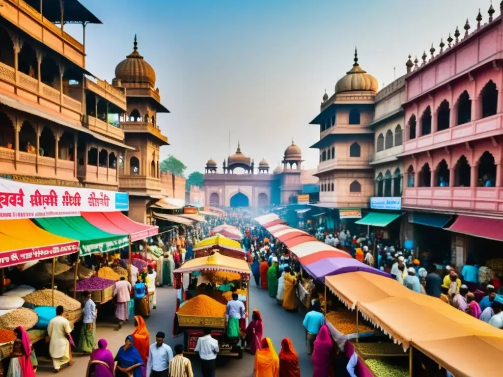 Un bullicioso y colorido mercado callejero en la India, con gente vestida con atuendos tradicionales y una variedad de productos