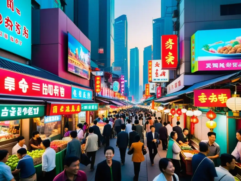 Un bullicioso y colorido paisaje urbano en una ciudad asiática, con luces de neón, vendedores callejeros y personas de diversas edades y etnias