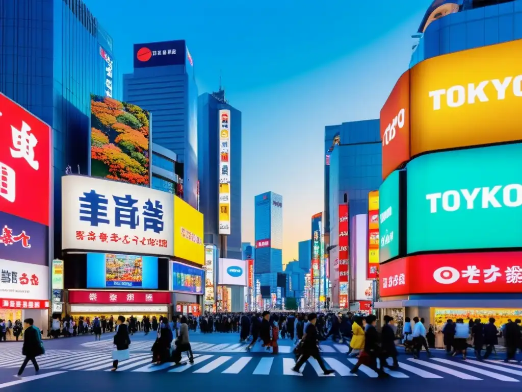 Un bullicioso cruce entre la arquitectura tradicional y rascacielos modernos en las vibrantes calles de Tokio, reflejando la fusión cultural