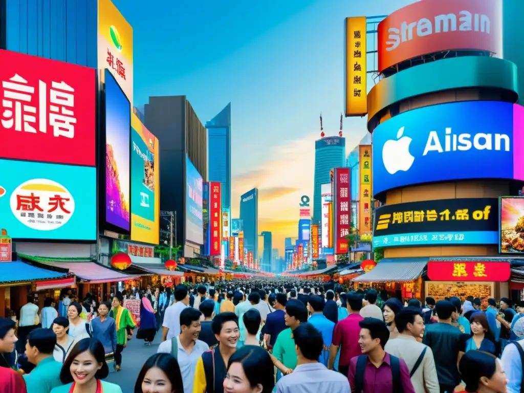 Un bullicioso cruce de calles en una ciudad asiática, con coloridos letreros promocionando plataformas streaming series asiáticas