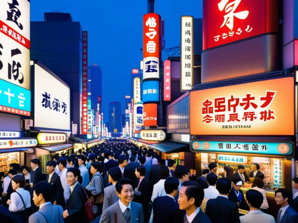 Un bullicioso cruce de calles en Tokyo durante la era Heisei, con elementos tradicionales y modernos