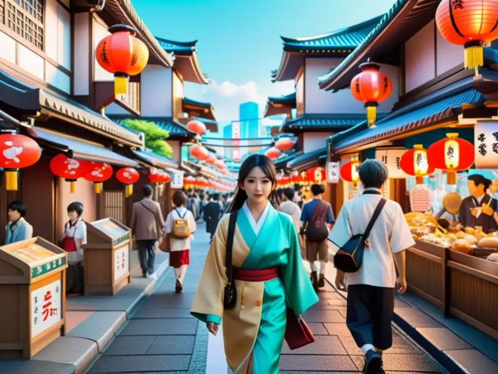 Un bullicioso cruce de calles japonesas con arquitectura tradicional y moderna, letreros de neón y personas vestidas con atuendos y trajes de anime