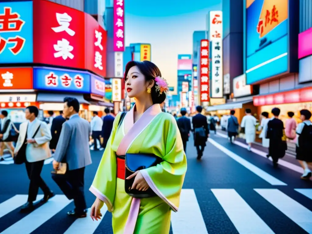 Un bullicioso cruce de calles en Tokio, con neones, moda vibrante y arquitectura tradicional y contemporánea