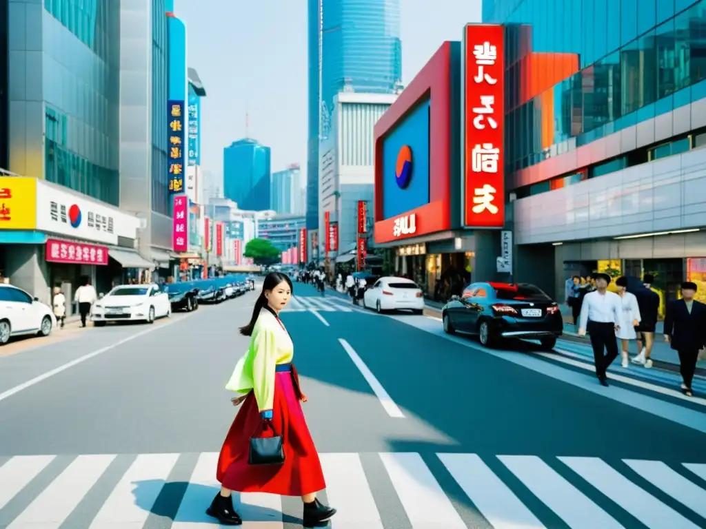 Un bullicioso cruce de calles en Seúl, Corea del Sur, con neones brillantes y una mezcla de hanbok tradicional y moda callejera moderna