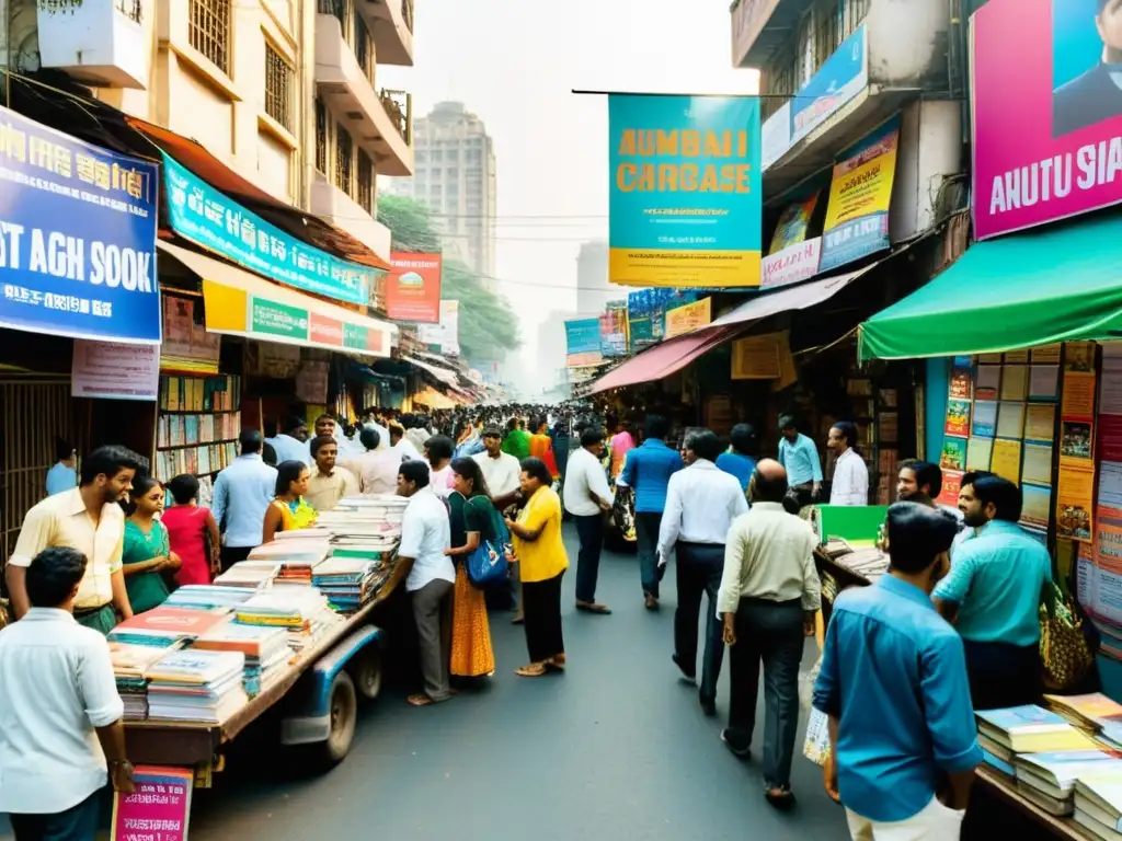 Un bullicioso cruce en Mumbai, India, con carteles coloridos de estrenos y eventos literarios