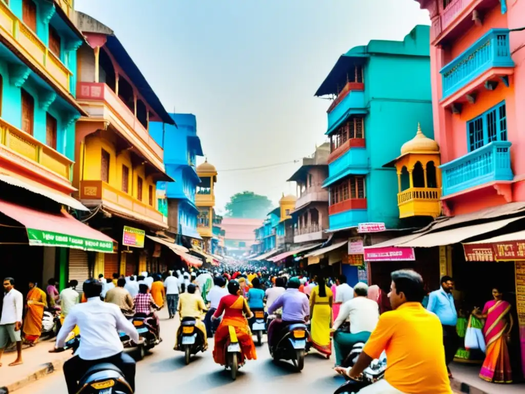 Un bullicioso día en la calle de la India con colores vibrantes y gente realizando diversas actividades