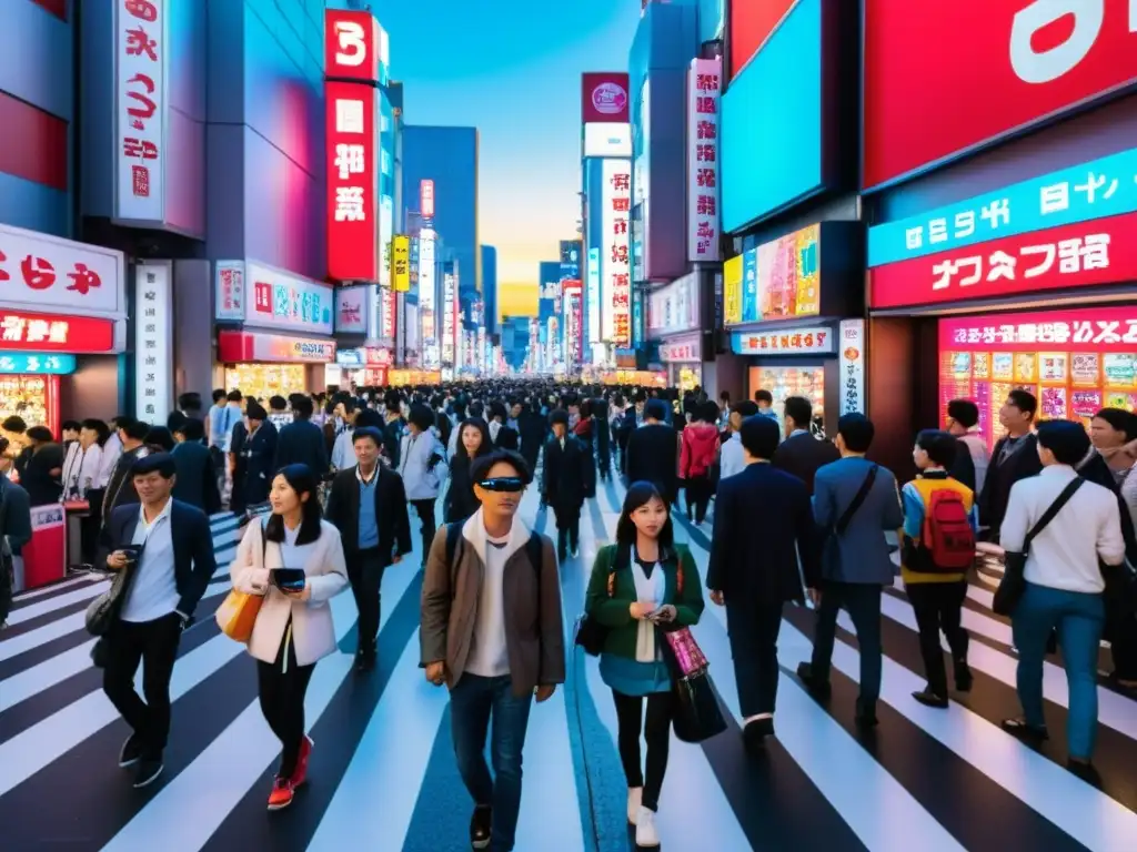 Un bullicioso día en la calle de Akihabara, Tokio, llena de letreros de neón, tiendas de tecnología futurista y multitudes usando gafas de realidad aumentada, crea una atmósfera vibrante y futurista que captura la esencia del cine asiático del futuro con cineastas