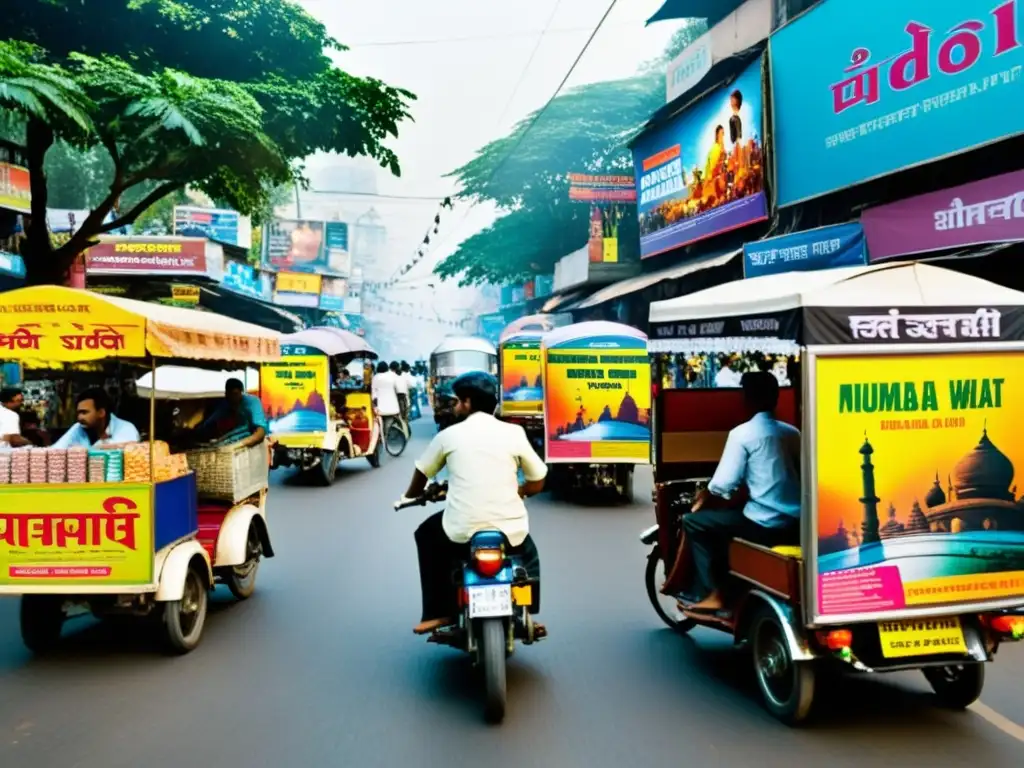 Un bullicioso día en Mumbai, India, con carteles de películas coloridos y multitudes